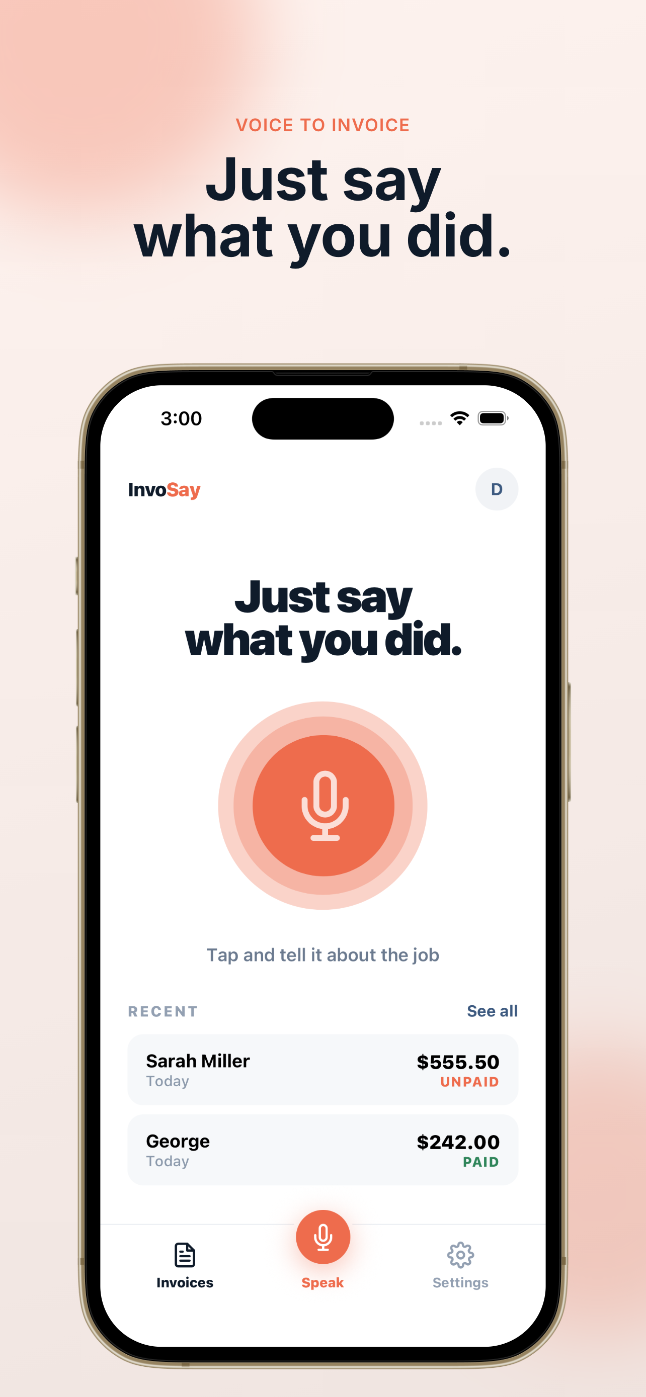 InvoSay recording screen — just say what you did