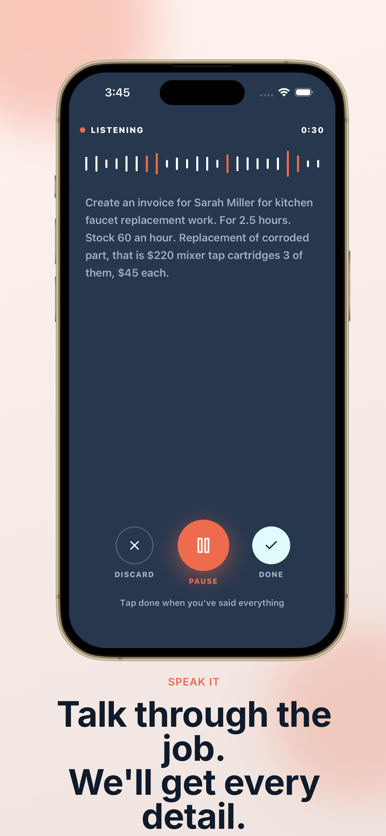 InvoSay listening screen — talk through the job