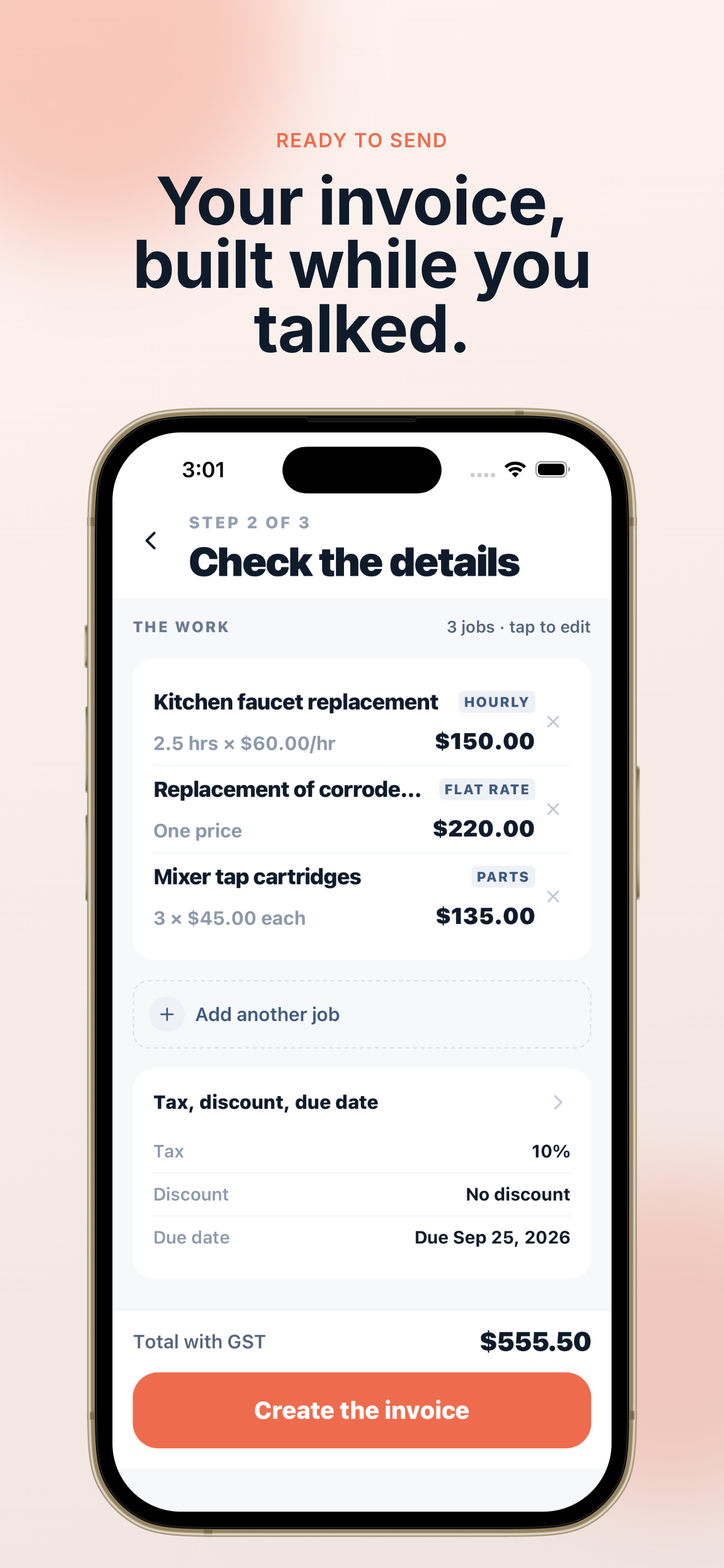 InvoSay check the details screen — your invoice, built while you talked